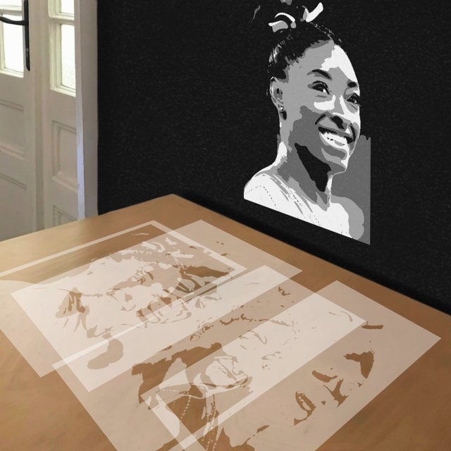 Simone Biles stencil in 4 layers, simulated painting