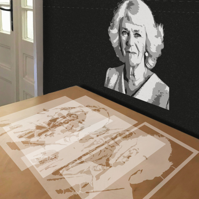 Camilla Parker Bowles stencil in 4 layers, simulated painting