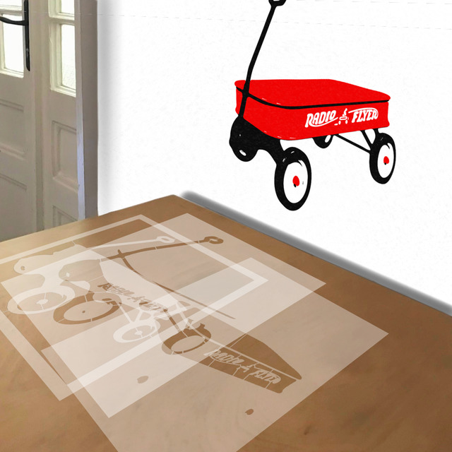 Red Wagon stencil in 3 layers, simulated painting