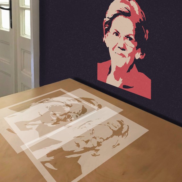 Elizabeth Warren in Red stencil in 3 layers, simulated painting