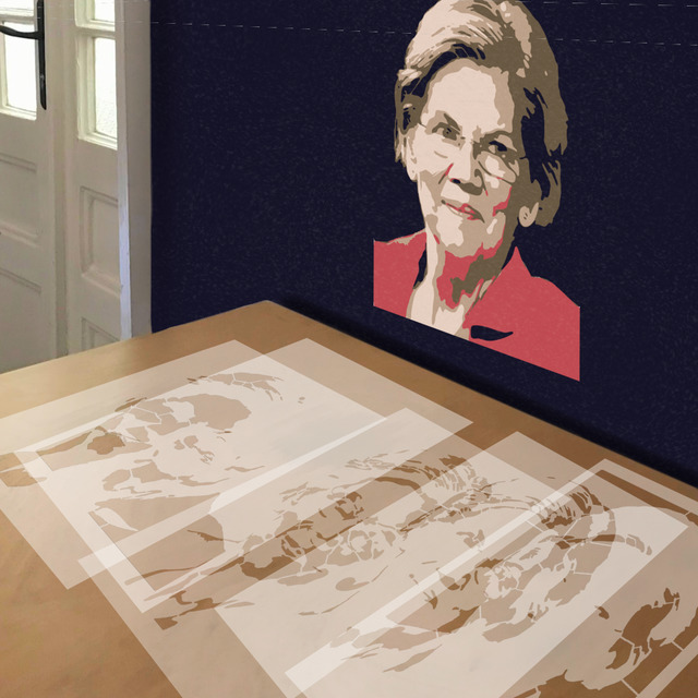 Elizabeth Warren in Red stencil in 5 layers, simulated painting