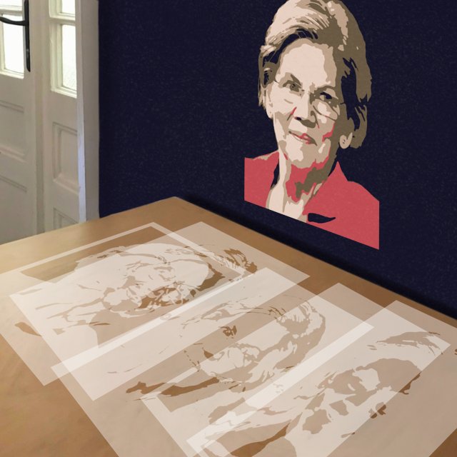 Elizabeth Warren in Red stencil in 5 layers, simulated painting