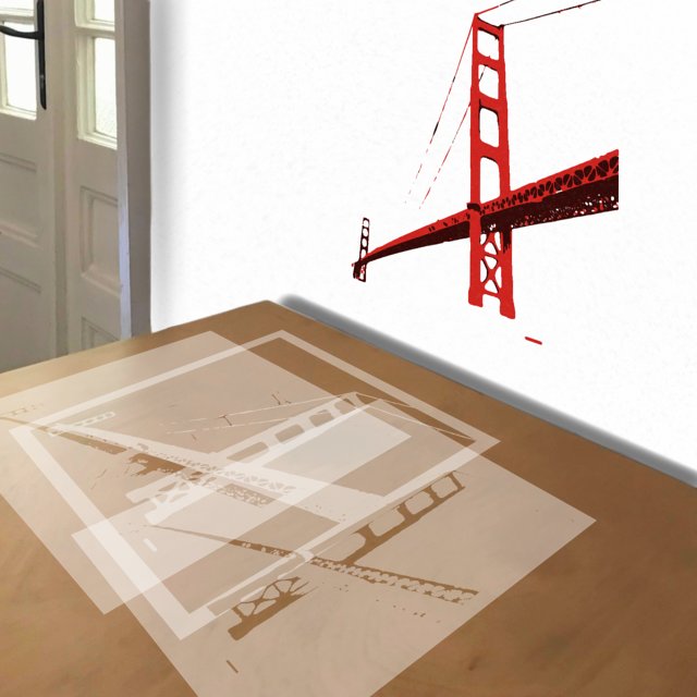 Golden Gate Bridge stencil in 3 layers, simulated painting