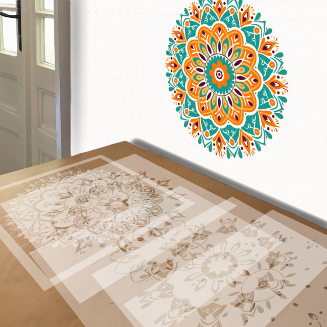 Rangoli in Orange and Turquoise stencil in 5 layers, simulated painting