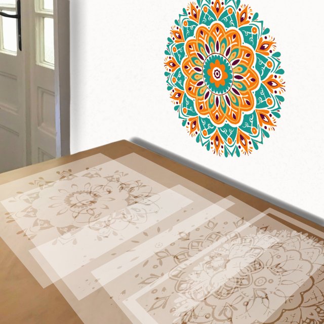 Rangoli in Orange and Turquoise stencil in 5 layers, simulated painting