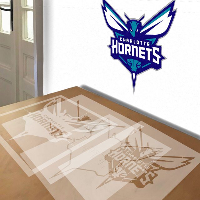 Charlotte Hornets stencil in 4 layers, simulated painting