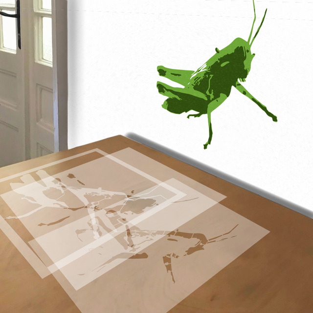 Grasshopper stencil in 3 layers, simulated painting