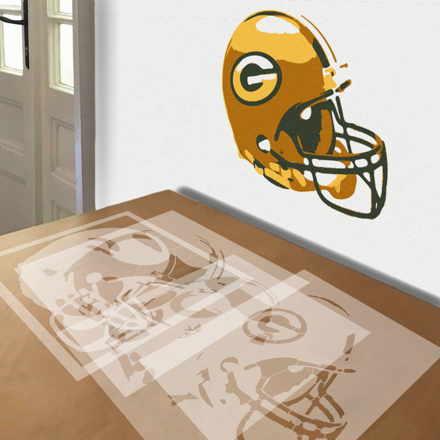 Simulated painting of stencil of Packers Helmet