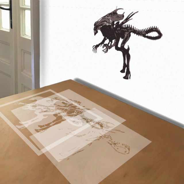 Xenomorph stencil in 3 layers, simulated painting