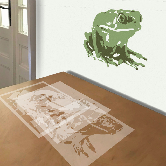 Green Frog stencil in 3 layers, simulated painting