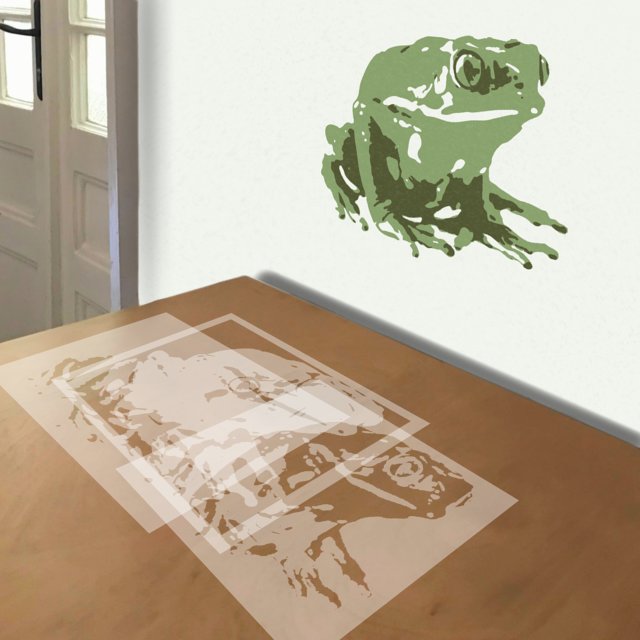 Green Frog stencil in 3 layers, simulated painting