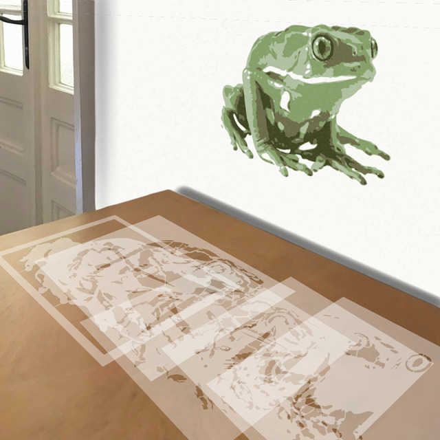 Green Frog stencil in 5 layers, simulated painting