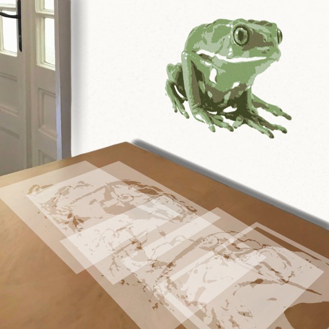 Green Frog stencil in 5 layers, simulated painting