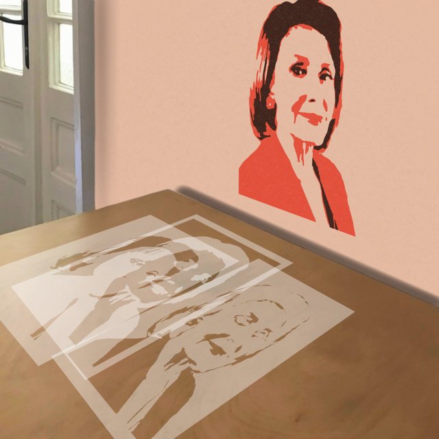 Nancy Pelosi stencil in 3 layers, simulated painting