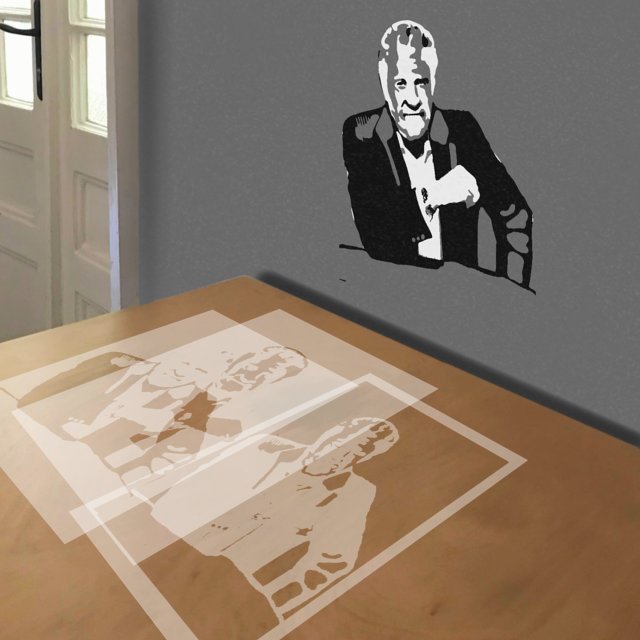 World's Most Interesting Man stencil in 3 layers, simulated painting