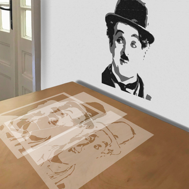 Charlie Chaplin stencil in 3 layers, simulated painting