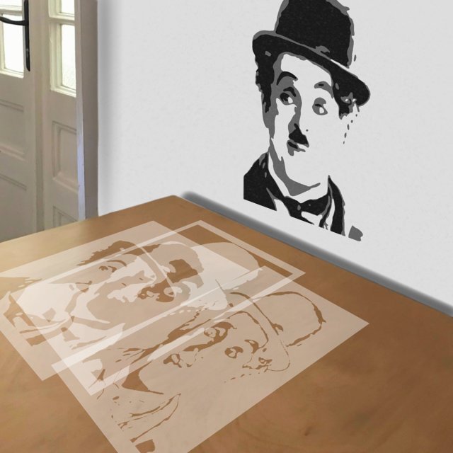 Charlie Chaplin stencil in 3 layers, simulated painting