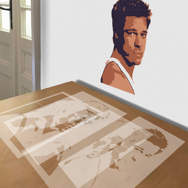 Brad Pitt stencil in 4 layers, simulated painting