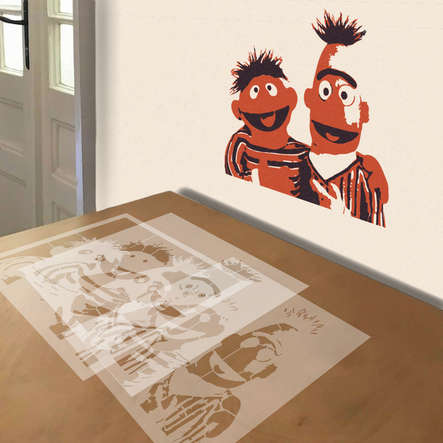 Ernie and Bert stencil in 3 layers, simulated painting