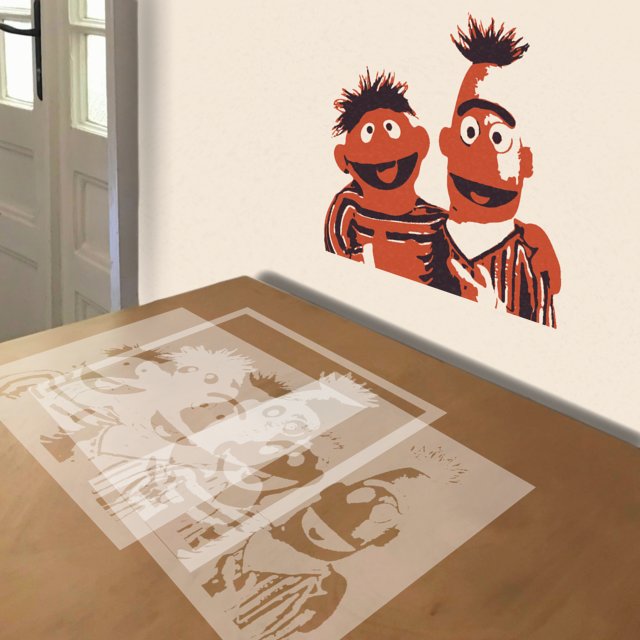 Ernie and Bert stencil in 3 layers, simulated painting