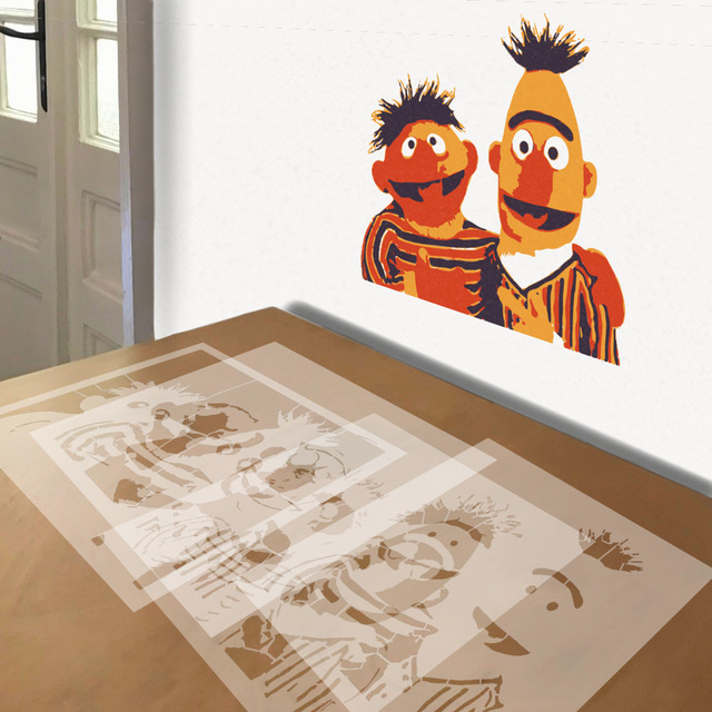 Ernie and Bert stencil in 4 layers, simulated painting