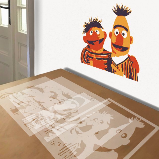 Ernie and Bert stencil in 4 layers, simulated painting