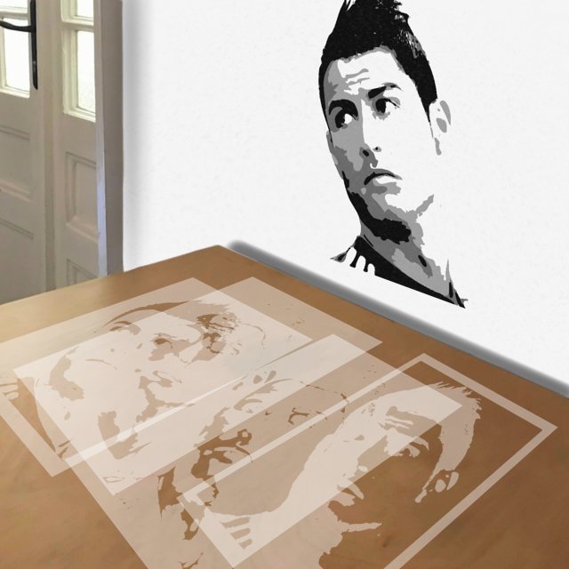 Ronaldo stencil in 4 layers, simulated painting