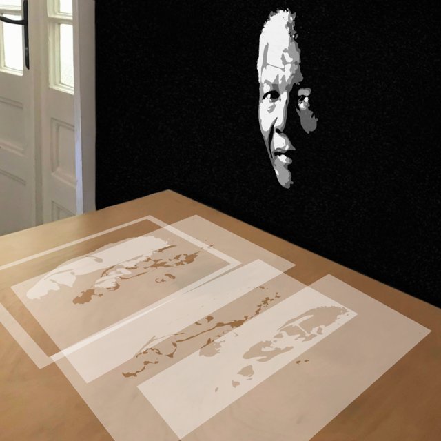 Nelson Mandela in Dark stencil in 4 layers, simulated painting