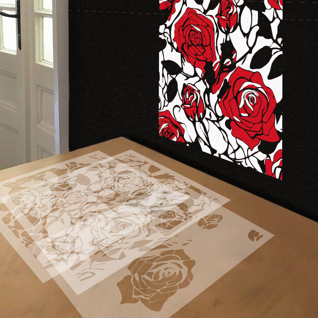 Roses stencil in 3 layers, simulated painting