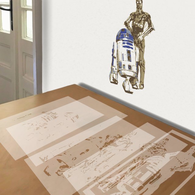 R2-D2 and C-3PO stencil in 5 layers, simulated painting