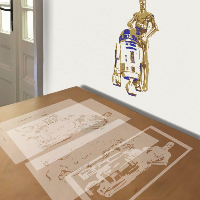 R2-D2 and C-3PO stencil in 4 layers, simulated painting