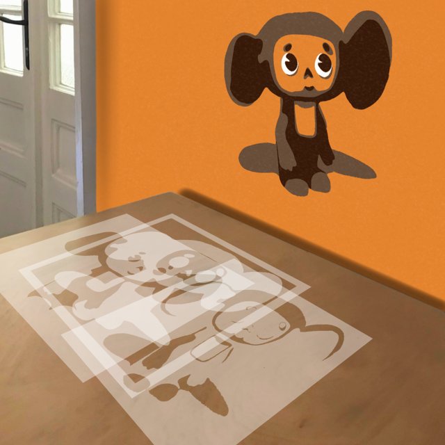 Cheburashka stencil in 5 layers, simulated painting