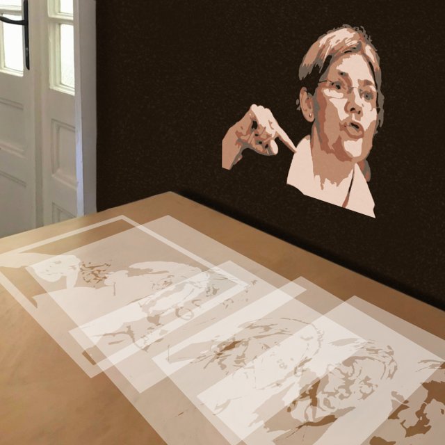 Elizabeth Warren stencil in 5 layers, simulated painting