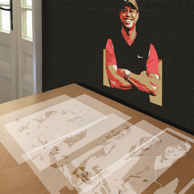 Tiger Woods stencil in 5 layers, simulated painting
