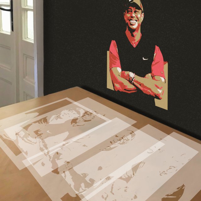 Tiger Woods stencil in 5 layers, simulated painting