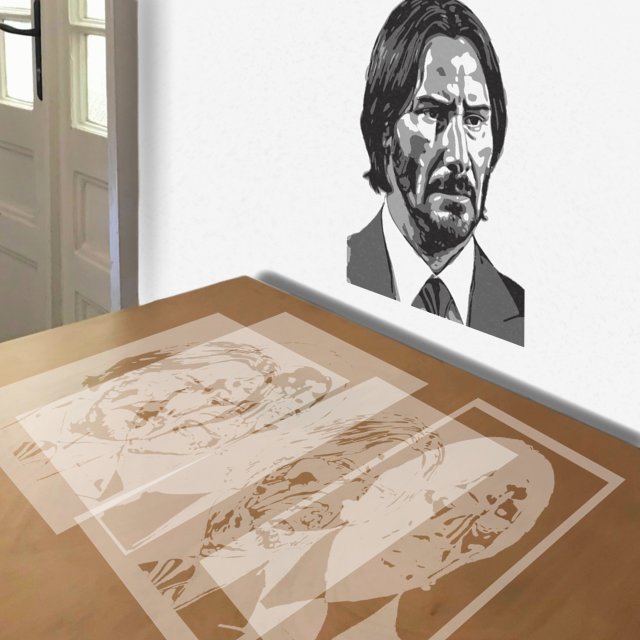 John Wick stencil in 4 layers, simulated painting