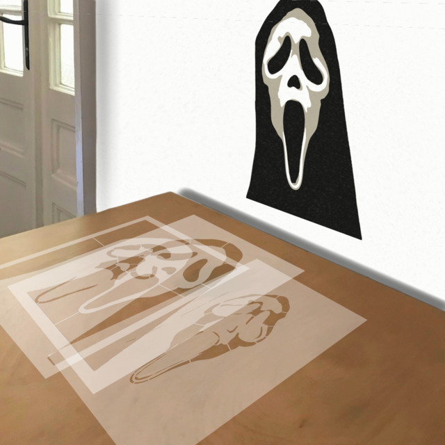 Ghostface stencil in 3 layers, simulated painting