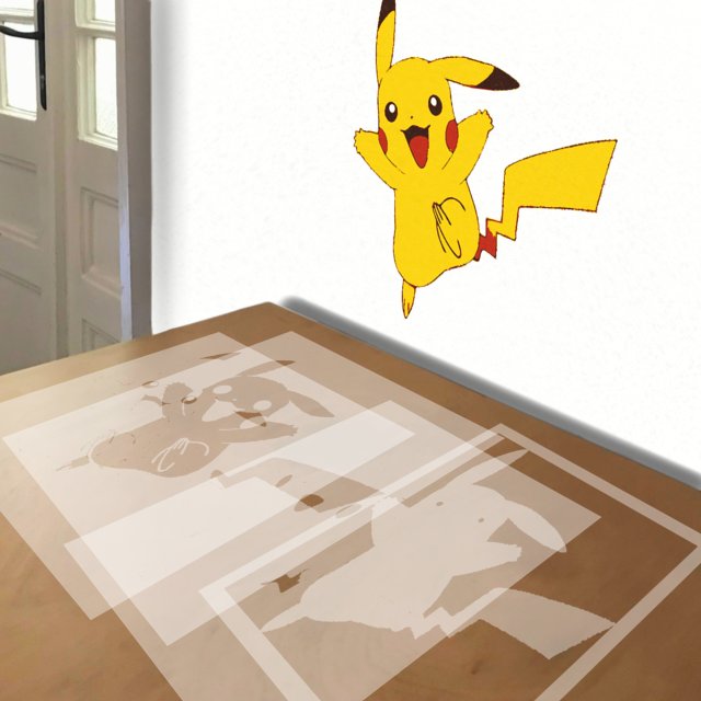 Pikachu Jumping stencil in 4 layers, simulated painting