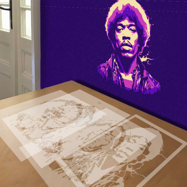 Jimi Hendrix stencil in 4 layers, simulated painting