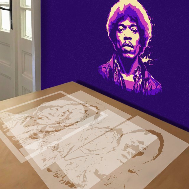 Jimi Hendrix stencil in 4 layers, simulated painting