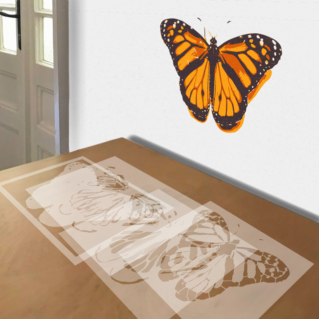 Orange Monarch stencil in 4 layers, simulated painting