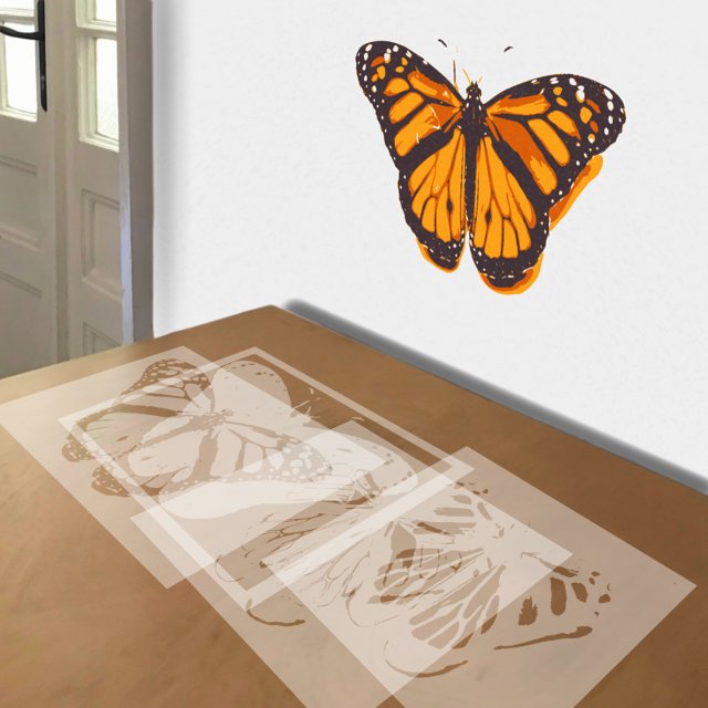 Orange Monarch stencil in 4 layers, simulated painting