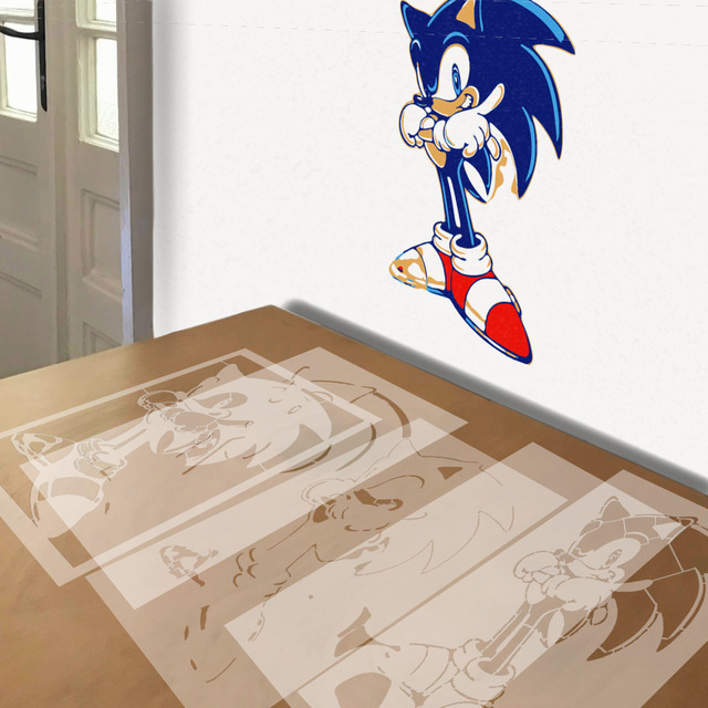 Sonic the Hedgehog stencil in 5 layers, simulated painting