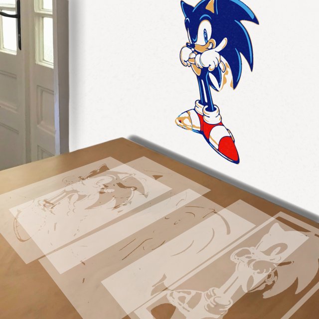 Sonic the Hedgehog stencil in 5 layers, simulated painting