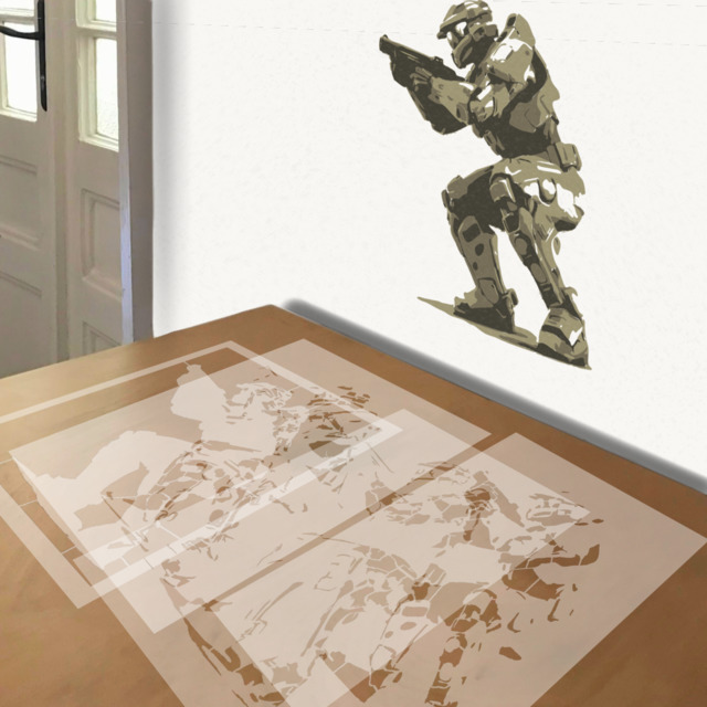 Master Chief stencil in 4 layers, simulated painting