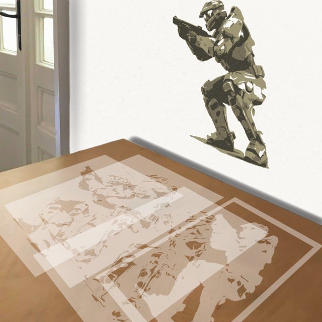 Master Chief stencil in 4 layers, simulated painting