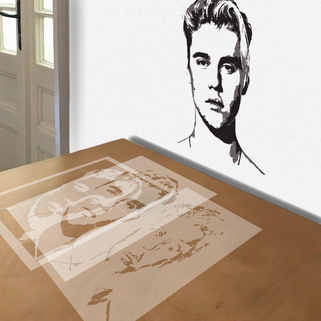 Justin Bieber stencil in 3 layers, simulated painting