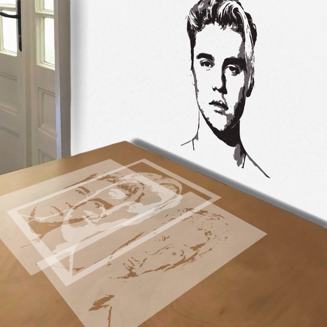 Justin Bieber stencil in 3 layers, simulated painting