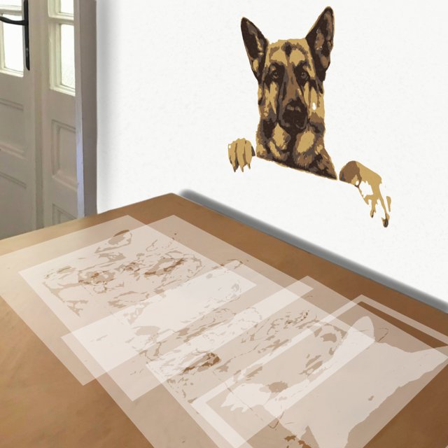 German Shepherd Peeking stencil in 5 layers, simulated painting