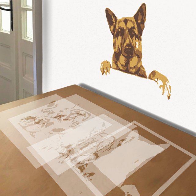 German Shepherd Peeking stencil in 4 layers, simulated painting